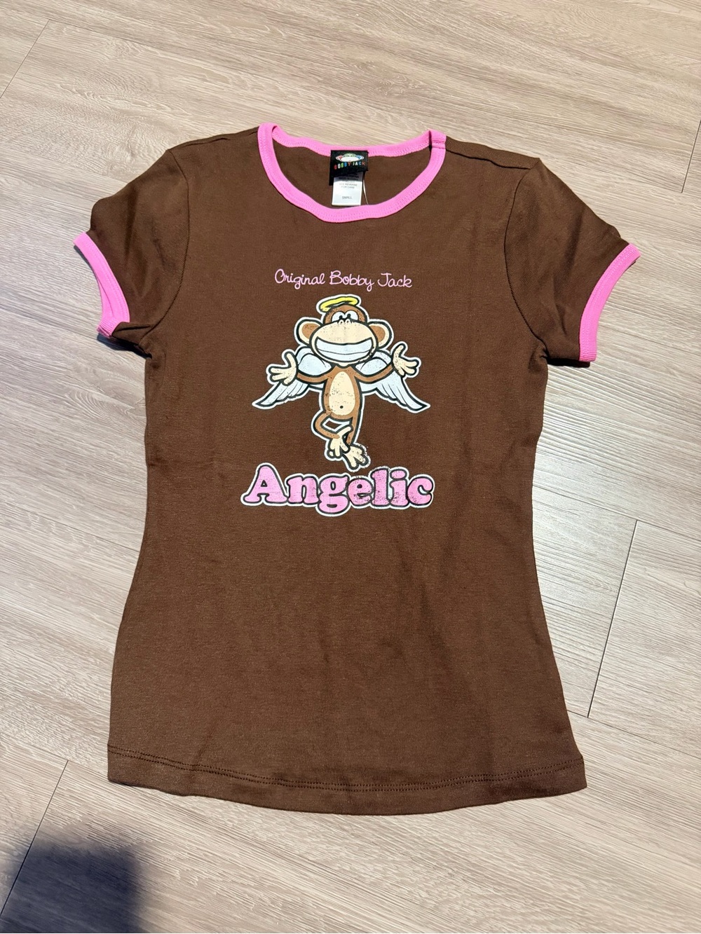 Angelic Graphic Ringer Tee - Brown with Pink Trim